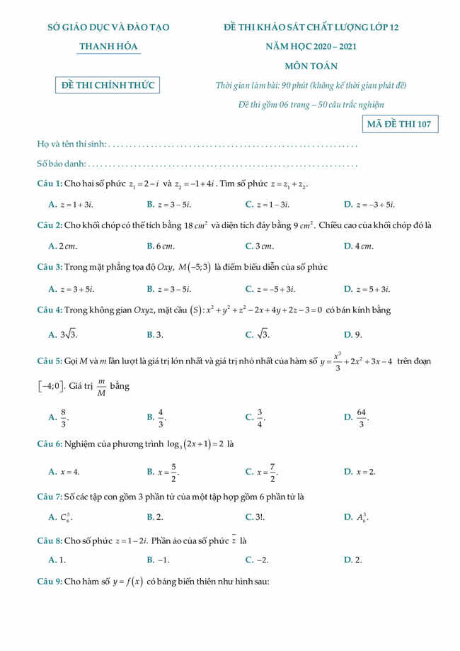 Đề KSCL lớp 12 môn toán 2021 của Sở GD&ĐT Thanh Hoá trang 1
