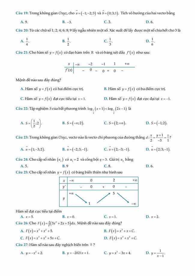 Đề KSCL lớp 12 môn toán 2021 của Sở GD&ĐT Thanh Hoá trang 3