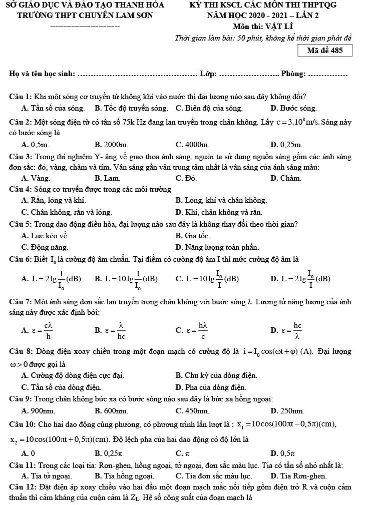 Đề thi thử THPT Quốc gia 2021 môn Lý Chuyên Lam Sơn lần 2 (có đáp án) trang 1