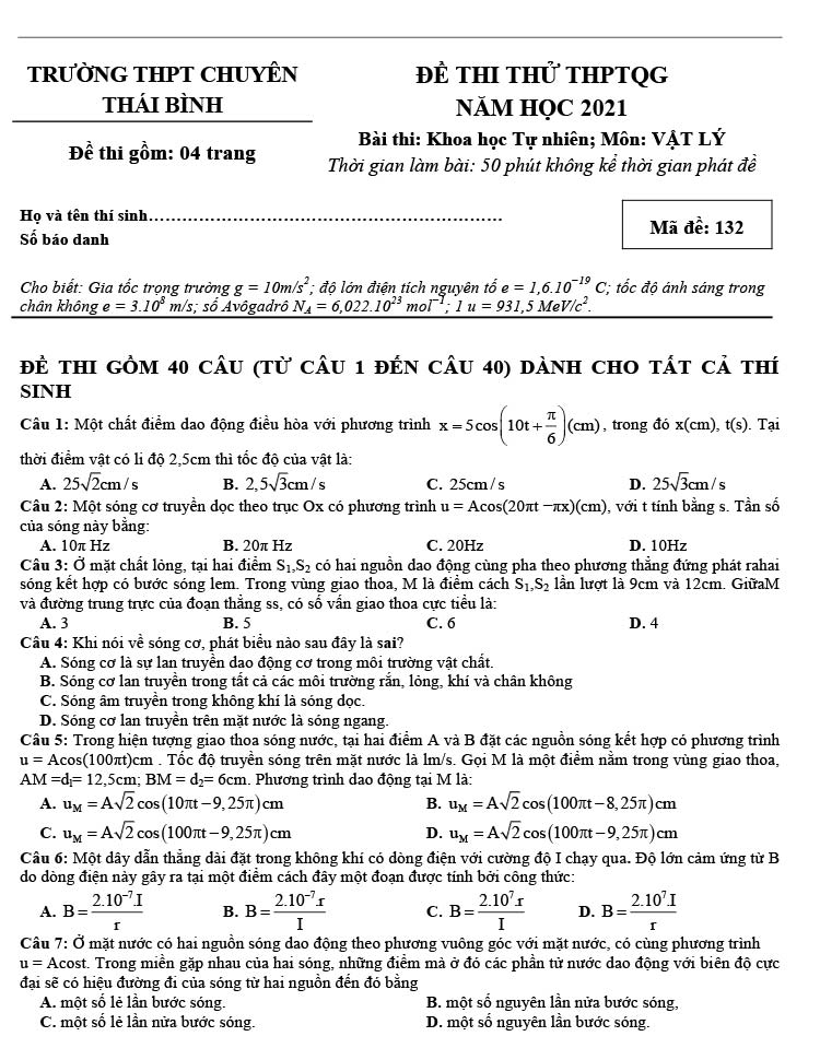 Đề thi thử THPT Quốc gia 2021 môn Lý Chuyên Thái Bình có đáp án trang 1