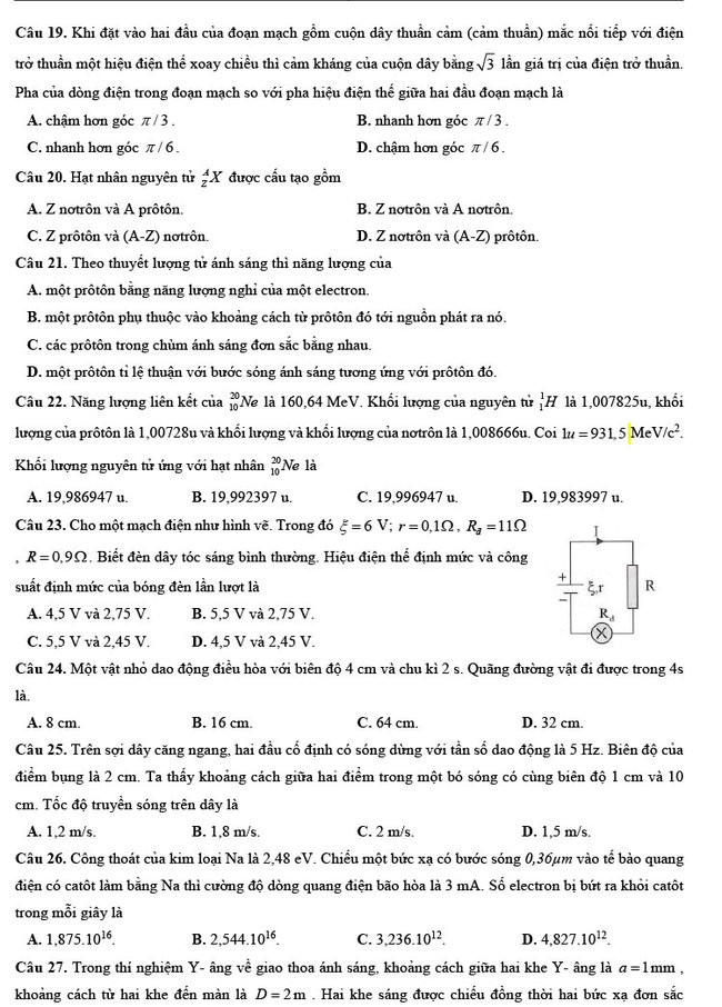 Đề thi thử THPT Quốc gia 2021 môn Lý có đáp án mẫu số 1 ảnh 2