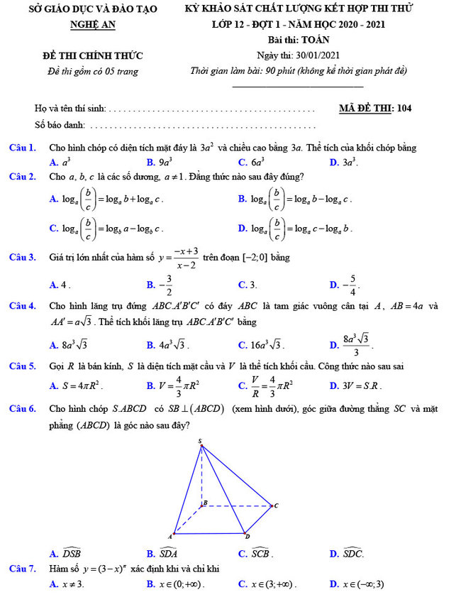 Đề thi thử THPT Quốc gia 2021 môn Toán lần 1 tỉnh Nghệ An ảnh 1
