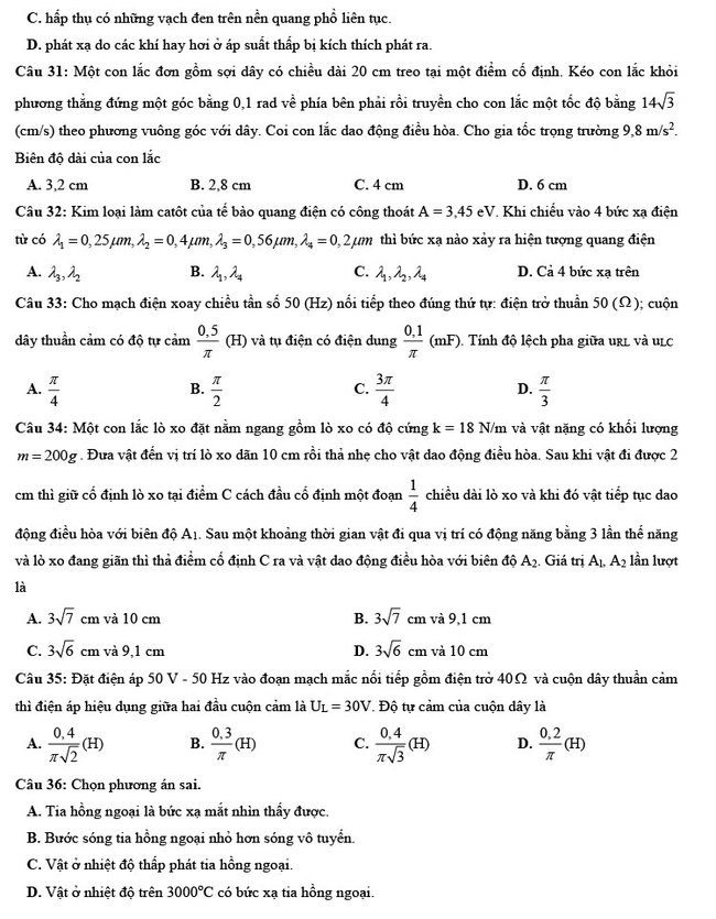 Đề thi thử tốt nghiệp thpt 2021 môn lý có đáp án mẫu số 3 ảnh 4