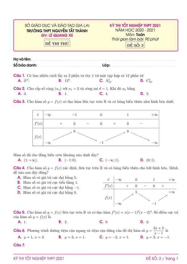 Đề thi thử môn toán THPT quốc gia 2021 của thầy Lê Quang Xe - đề số 2 trang 1