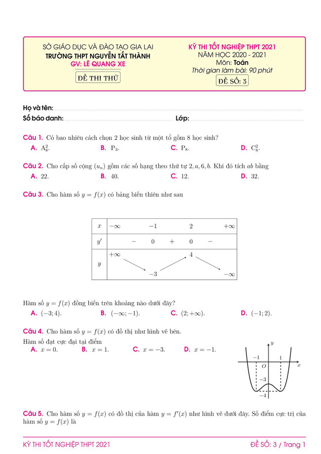 Đề thi thử môn toán THPT quốc gia 2021 của thầy Lê Quang Xe - đề số 3 trang 1