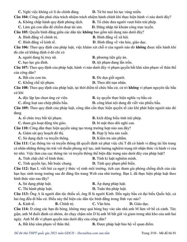 Đề thi thử THPT quốc gia 2021 môn GDCD số 1 - chuẩn cấu trúc đề minh hoạ trang 3