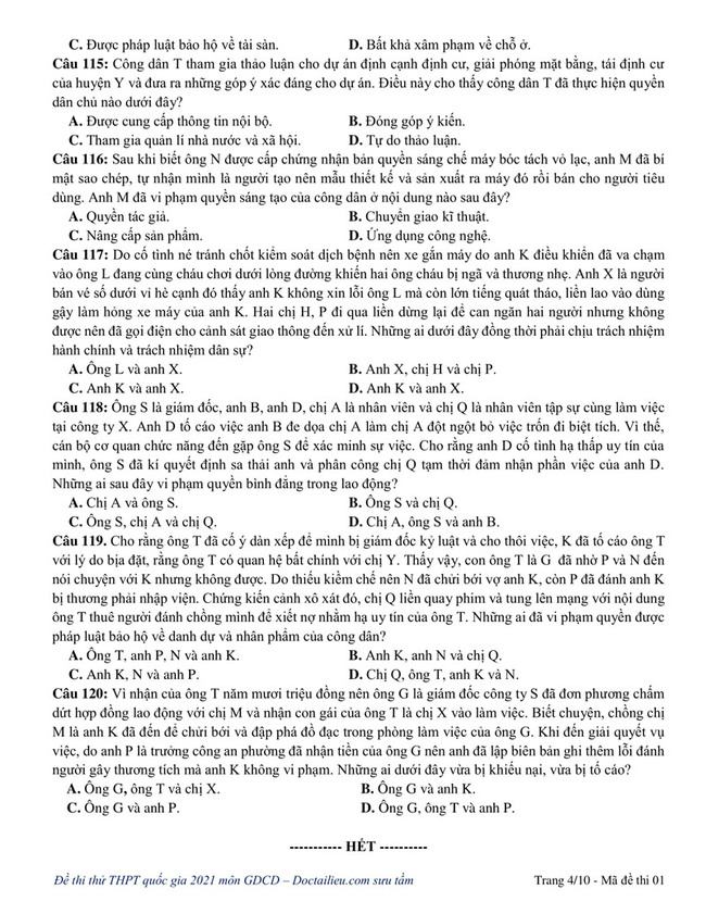 Đề thi thử THPT quốc gia 2021 môn GDCD số 1 - chuẩn cấu trúc đề minh hoạ trang 4