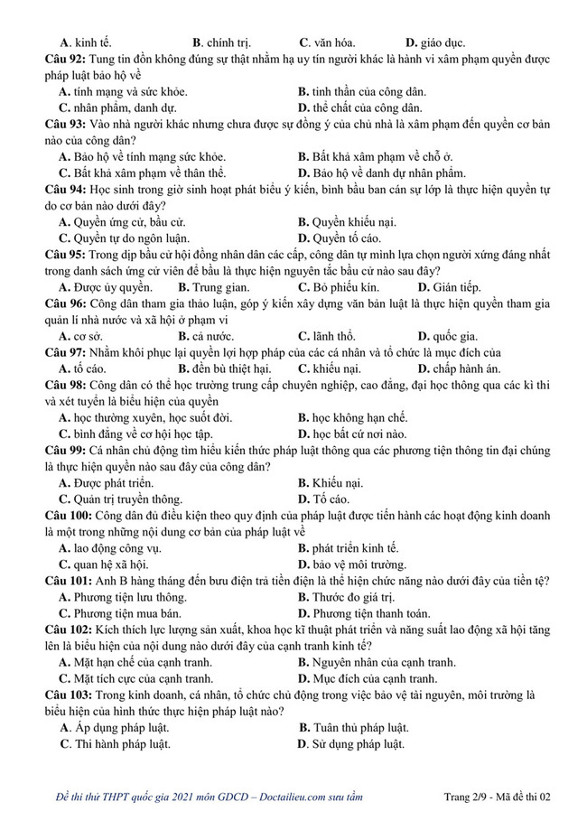Đề thi thử THPT quốc gia 2021 môn GDCD số 2 - chuẩn cấu trúc đề minh hoạ trang 2