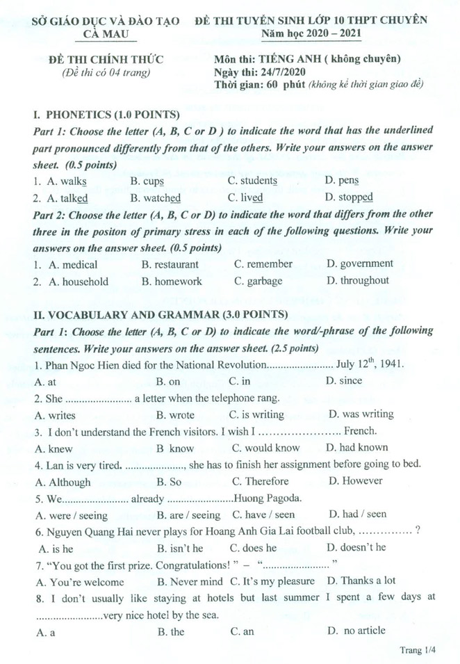 đề thi tuyển sinh lớp 10 môn Anh năm 2020 Cà Mau trang 1