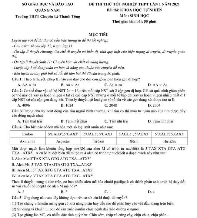 Đề thi thử môn Sinh 2021 lần 1 trường Chuyên Lê Thánh Tông trang 1