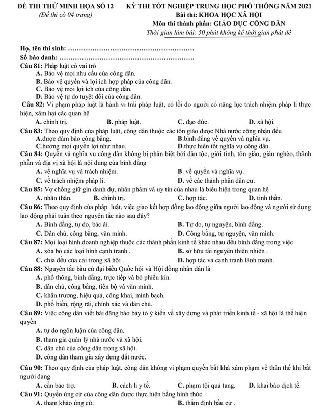 Đề thi thử THPT quốc gia 2021 môn GDCD số 12 trang 1