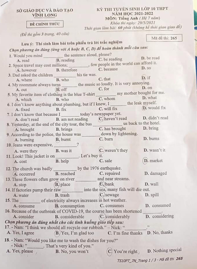 Đề thi tuyển sinh lớp 10 môn Anh Vĩnh Long năm 2021 ảnh 1