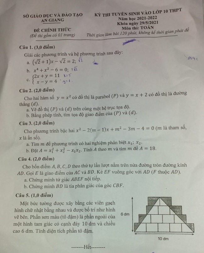 Ä'á» Thi Tuyá»ƒn Sinh Lá»›p 10 Mon Toan An Giang 2021 Co Ä'ap An