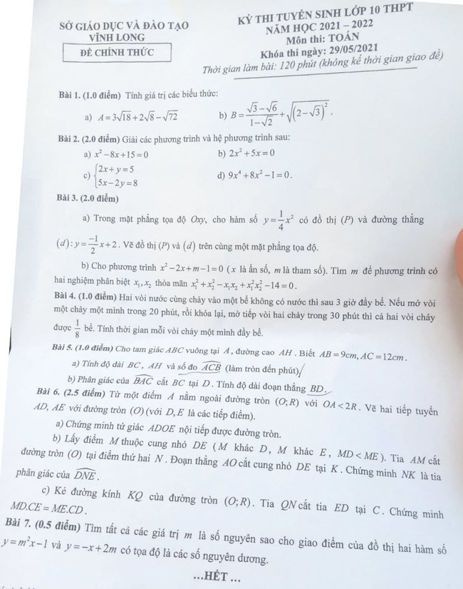 Đề thi tuyển sinh lớp 10 môn Toán Vĩnh Long 2021