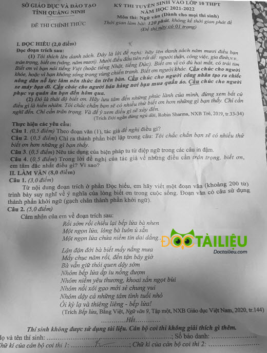 Đề thi tuyển sinh lớp 10 môn văn Quảng Ninh 2021
