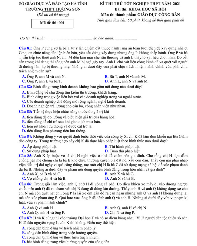 Đề thi thử THPT quốc gia 2021 môn GDCD trường Hương Sơn lần 2 mã đề 001 trang 1