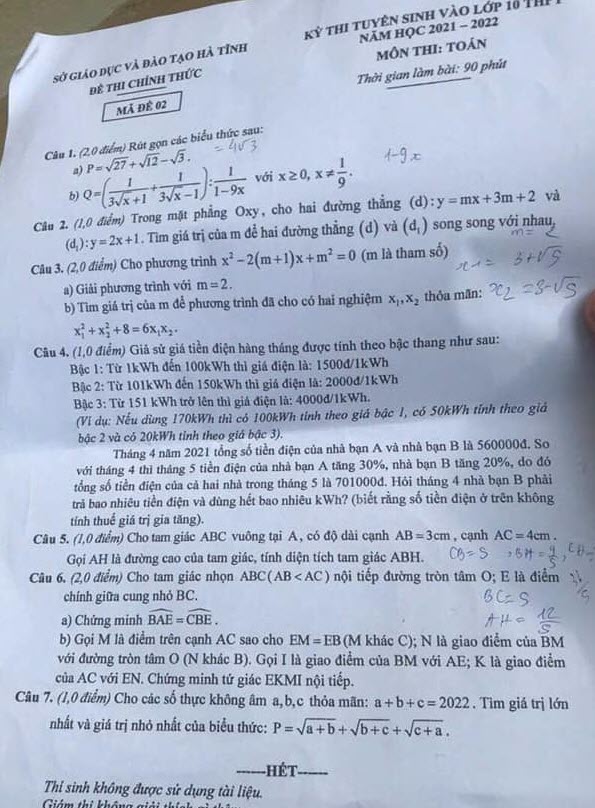 Đề thi vào lớp 10 môn toán Hà Tĩnh 2021 mã 02