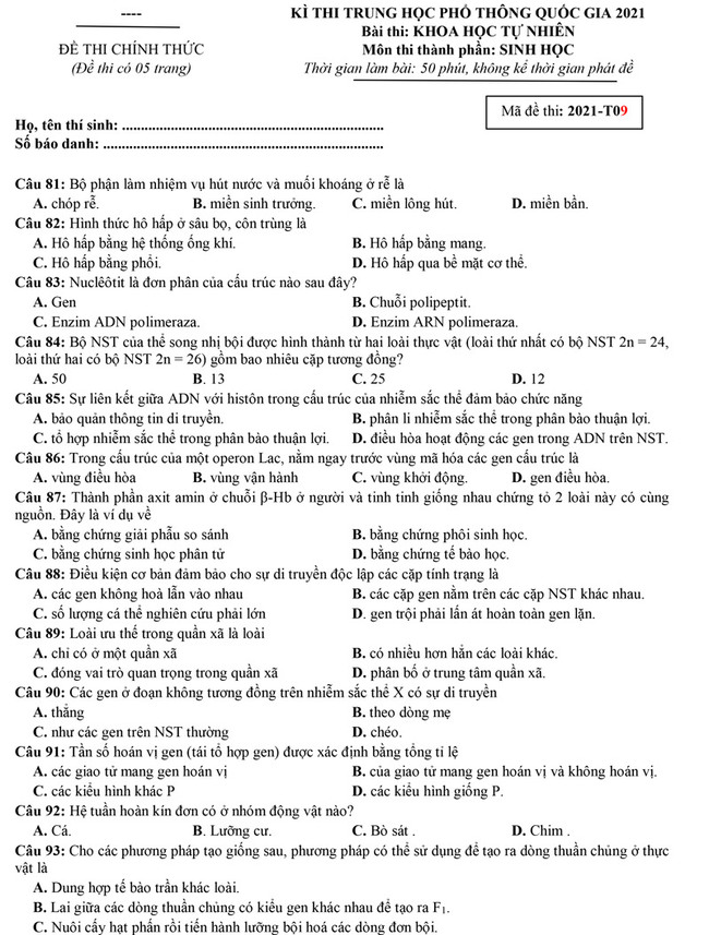 Đề thi thử môn sinh 2021 luyện thi ĐH Y Hà Nội số 09 trang 1