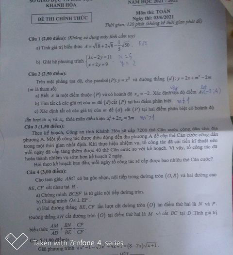 Đề thi vào lớp 10 môn toán tỉnh Khánh Hoà năm 2021