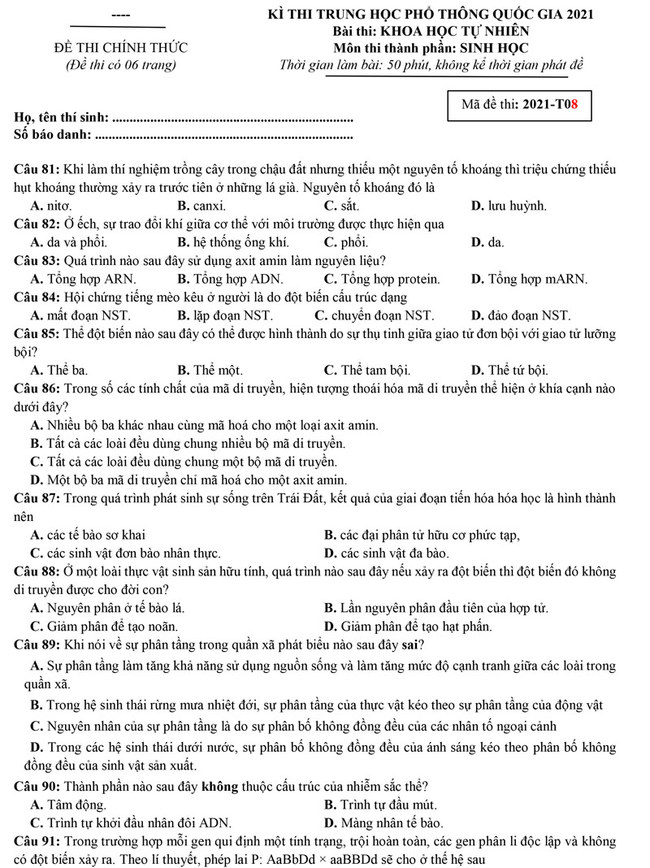 Đề thi thử môn sinh 2021 luyện thi ĐH Y Hà Nội số 08 trang 1