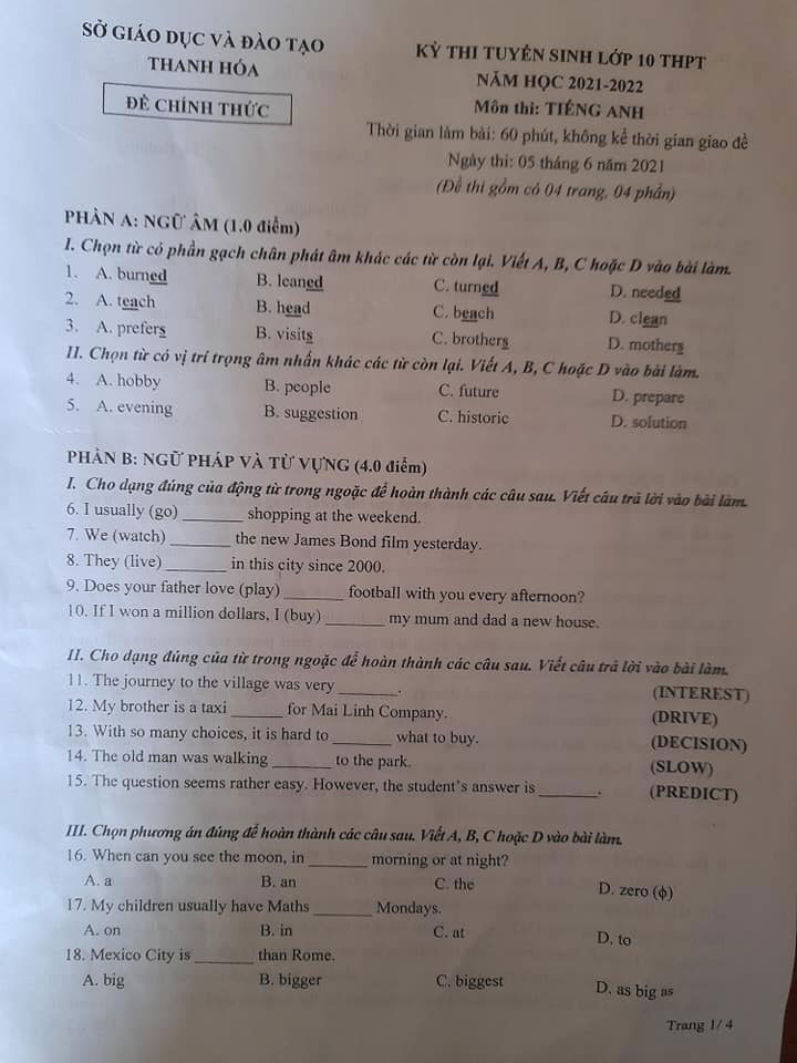 Đề thi tiếng Anh vào lớp 10 tỉnh Thanh Hoá năm 2021 trang 1