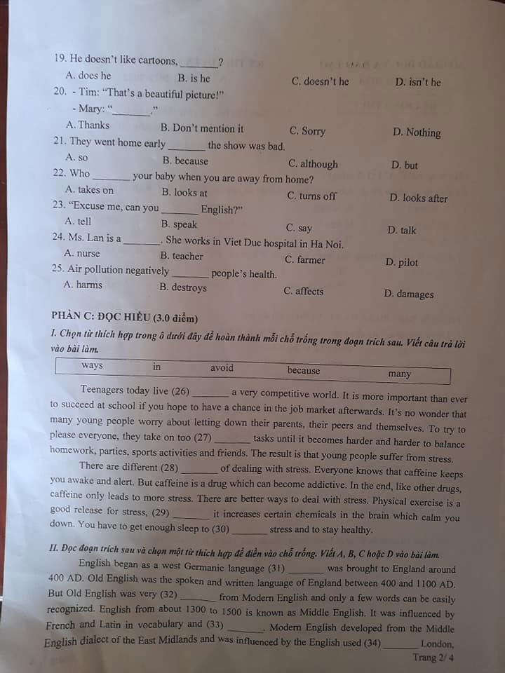 Đề thi tiếng Anh vào lớp 10 tỉnh Thanh Hoá năm 2021 trang 2