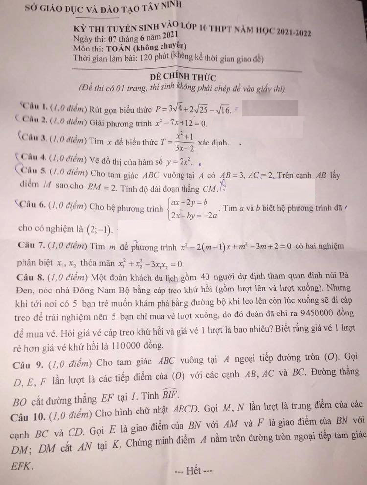Đề th vào 10 môn Toán tỉnh Tây Ninh năm 2021