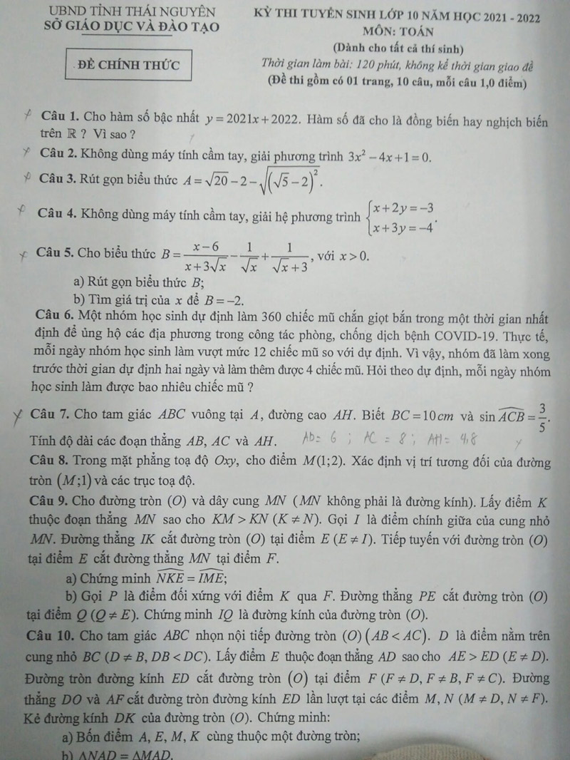 Đề thi tuyển sinh lớp 10 môn toán Thái Nguyên năm học 2021-2022