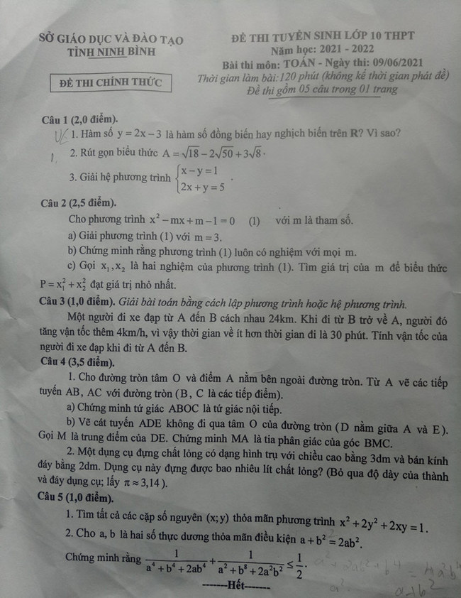 Đề thi tuyển sinh lớp 10 môn toán Ninh Bình năm 2021