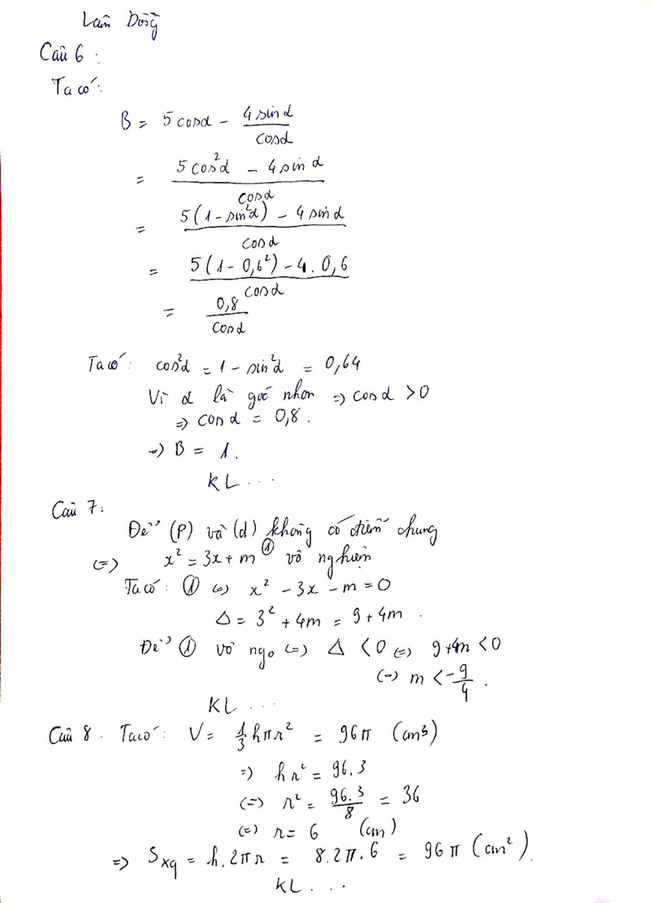 Đáp án Đề thi tuyển sinh lớp 10 môn Toán 2021 Lâm Đồng câu 6-câu 8