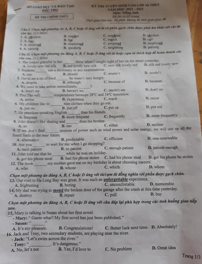 Đề thi tiếng Anh vào lớp 10 tỉnh Phú Thọ 2021 ảnh 1