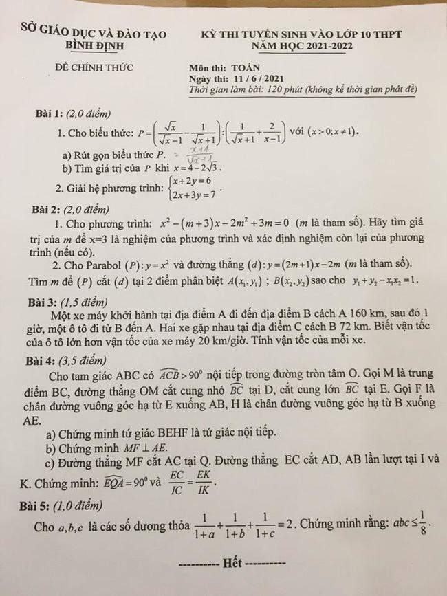 Đề thi tuyển sinh lớp 10 môn toán Bình Định - có đáp án chi tiết