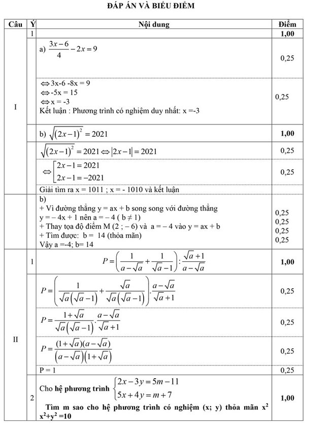 Đáp án đề thi thử vào 10 môn toán 2021 trường Minh Hoà trang 1