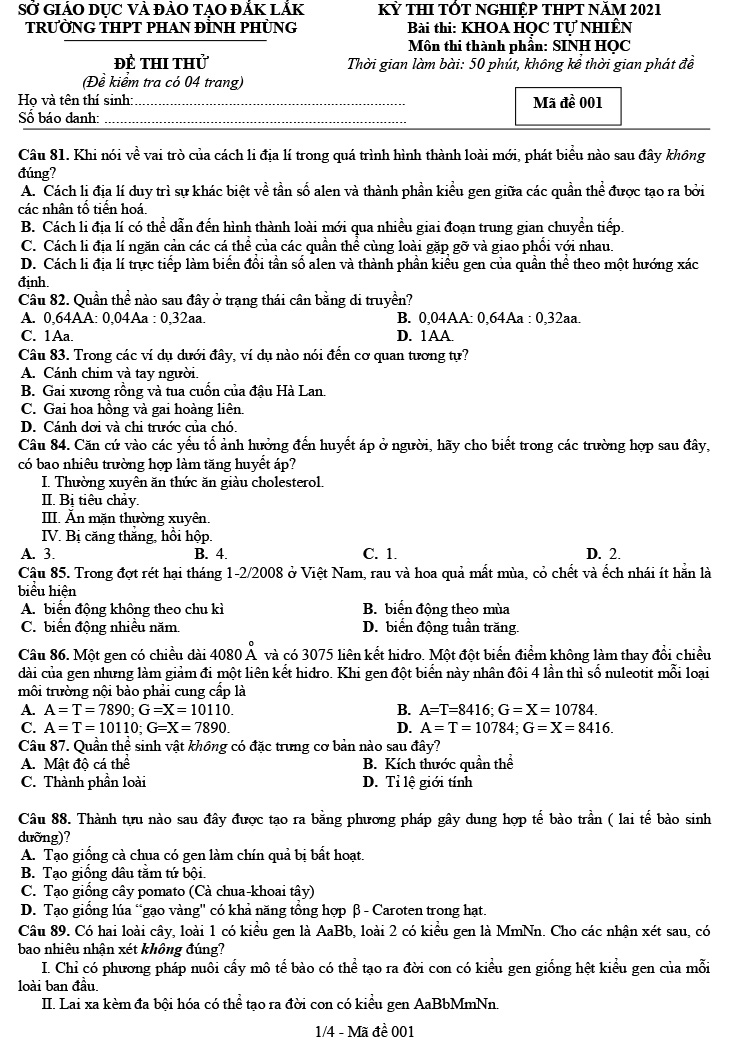 Đề thi thử môn Sinh 2021 THPT Phan Đình Phùng - Đắk Lắk trang 1