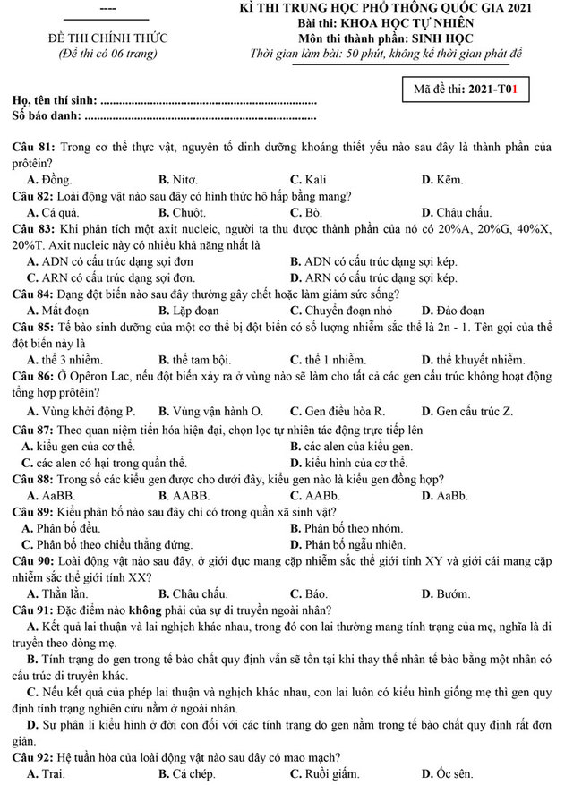 Đề thi thử môn sinh 2021 luyện thi ĐH Y Hà Nội số 01 trang 1