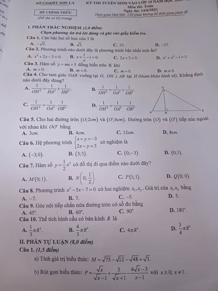 Đề thi vào 10 môn toán năm 2021 tỉnh Sơn La trang 1