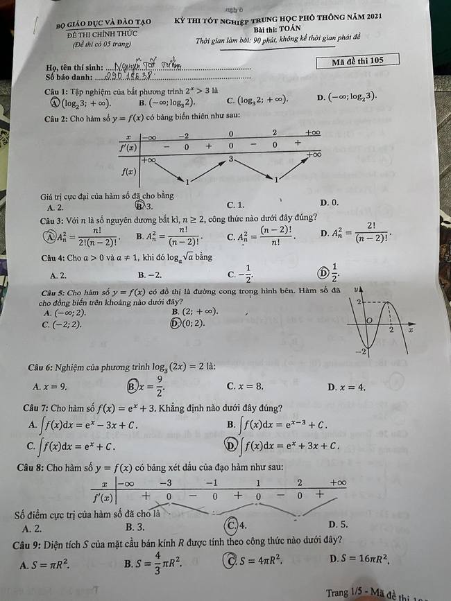 Mã đề 105 Toán 2021 : Đáp án đề thi THPT 2021 môn Toán mã đề 105 trang 1