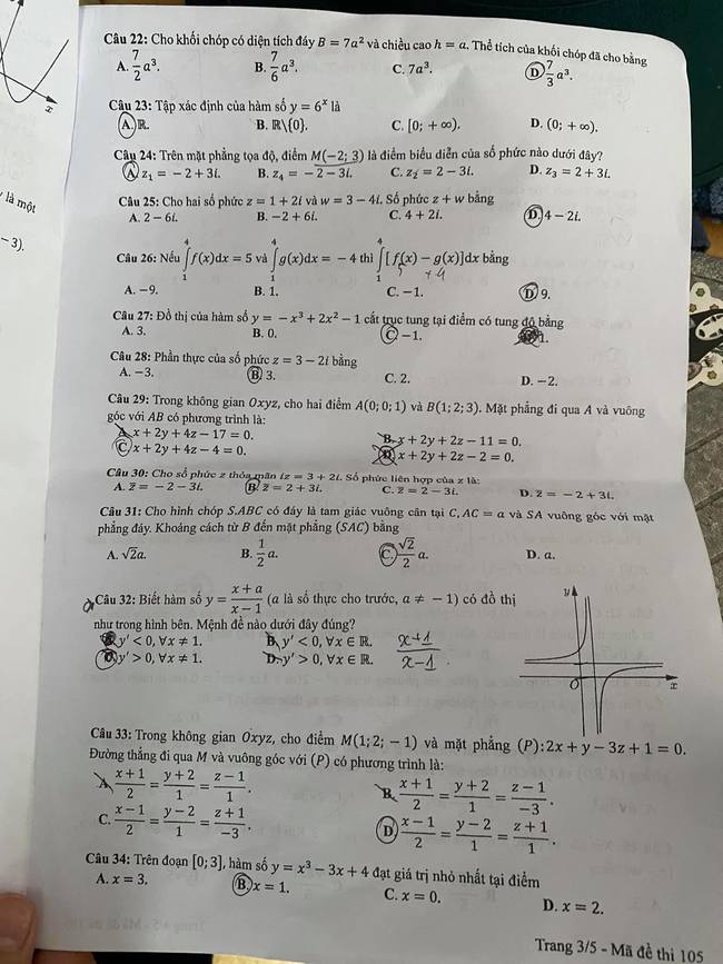 Mã đề 105 Toán 2021 : Đáp án đề thi THPT 2021 môn Toán mã đề 105 trang 3