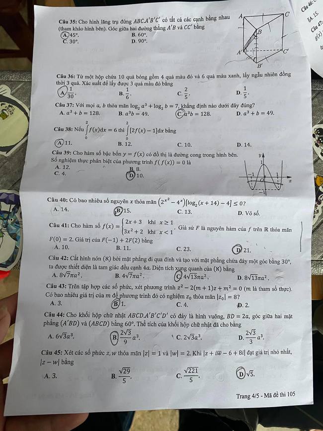 Mã đề 105 Toán 2021 : Đáp án đề thi THPT 2021 môn Toán mã đề 105 trang 4