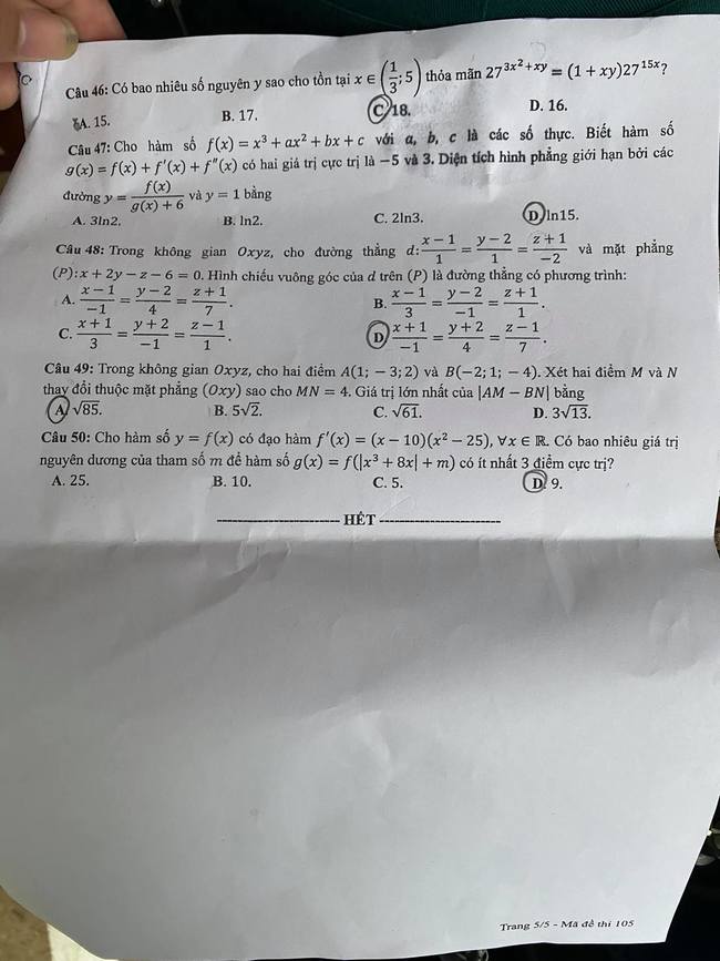 Mã đề 105 Toán 2021 : Đáp án đề thi THPT 2021 môn Toán mã đề 105 trang 5