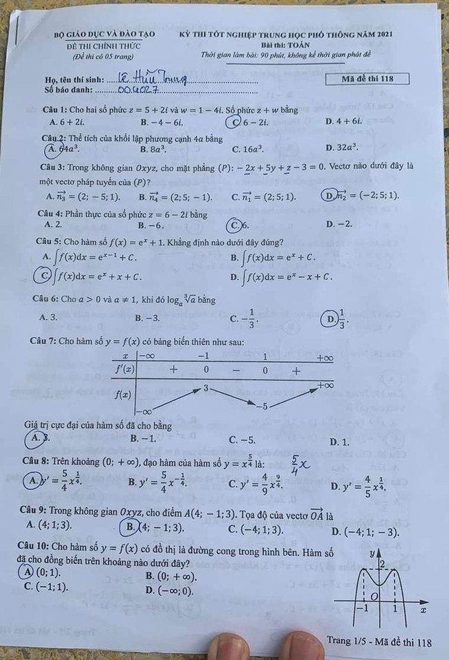 Mã đề 118 Toán 2021 trang 1