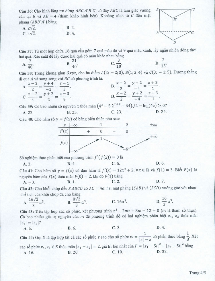 Đề thi minh họa môn toán 2022 ảnh 4