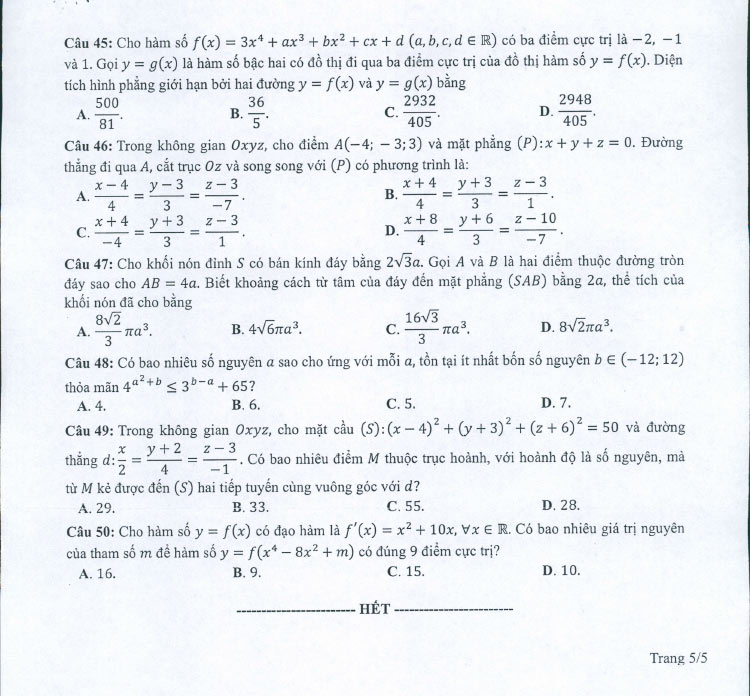 Đề thi minh họa môn toán 2022 ảnh 5