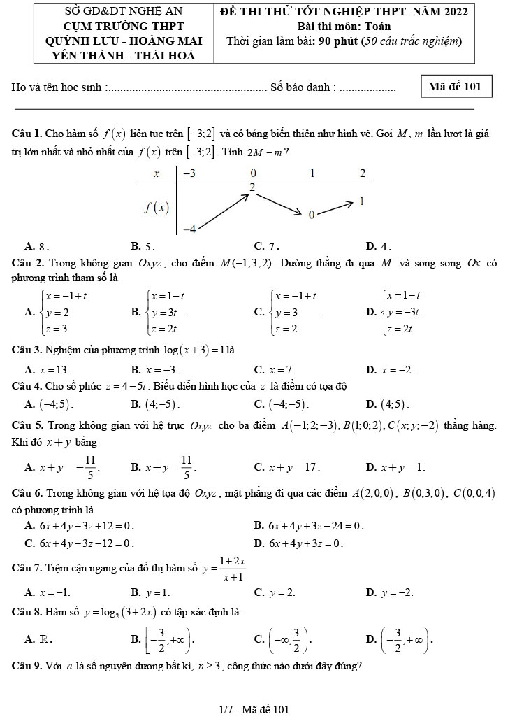 Đề thi thử môn Toán 2022 cụm trường THPT Nghệ An ảnh 1