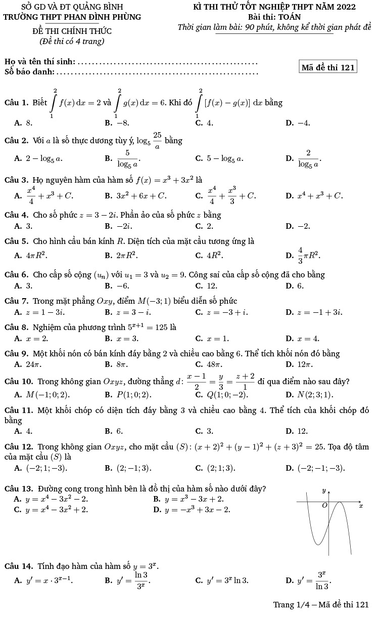 Đề thi thử THPT quốc gia 2022 môn toán Phan Đình Phùng trang 1