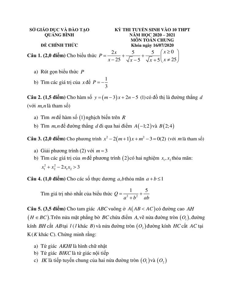 de thi tuyen sinh lop 10 mon toan quang binh 2020
