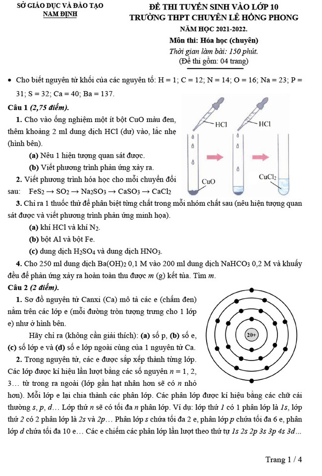 Đề Hóa chuyên vào 10 Lê Hồng Phong Nam Định 2021 trang 1