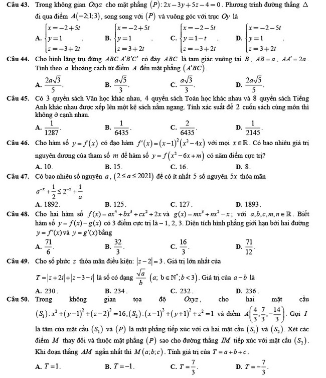 Đề thi thử THPT Quốc gia 2022 môn Toán đề số 3 trang 5