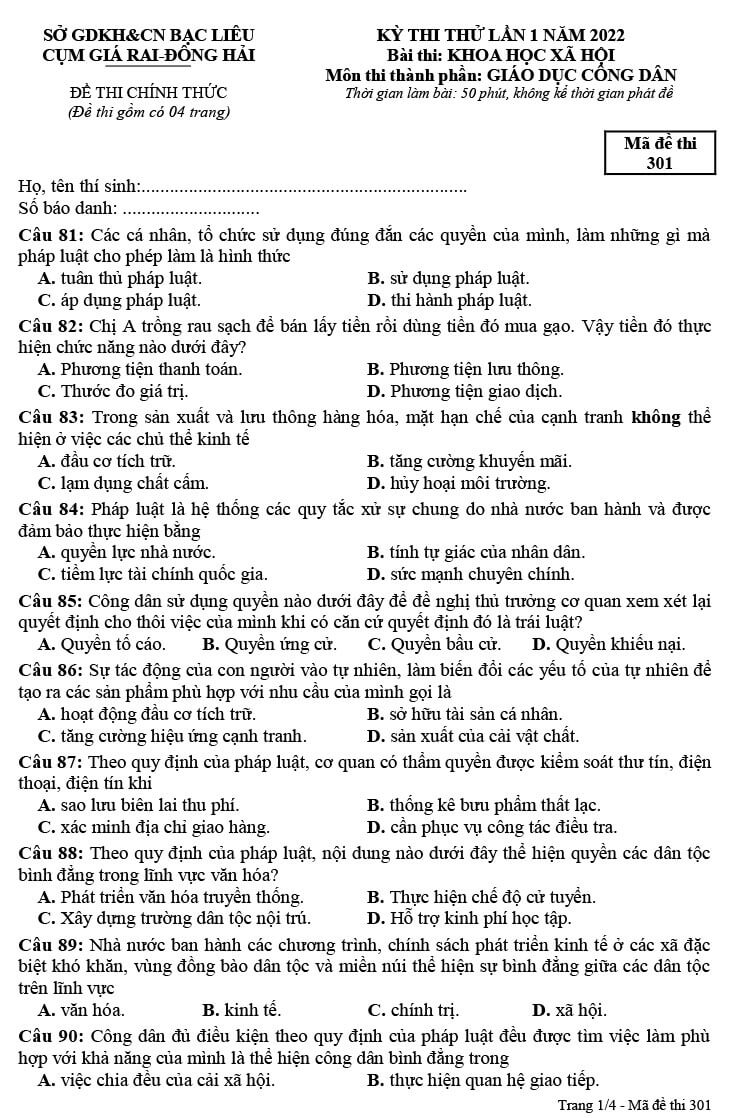 Đề thi thử THPT quốc gia 2022 môn GDCD của Sở Bạc Liêu cụm 3 ảnh 1
