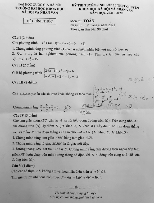 Đề thi Toán chung vào 10 Chuyên KHXH và nhân văn HN 2021